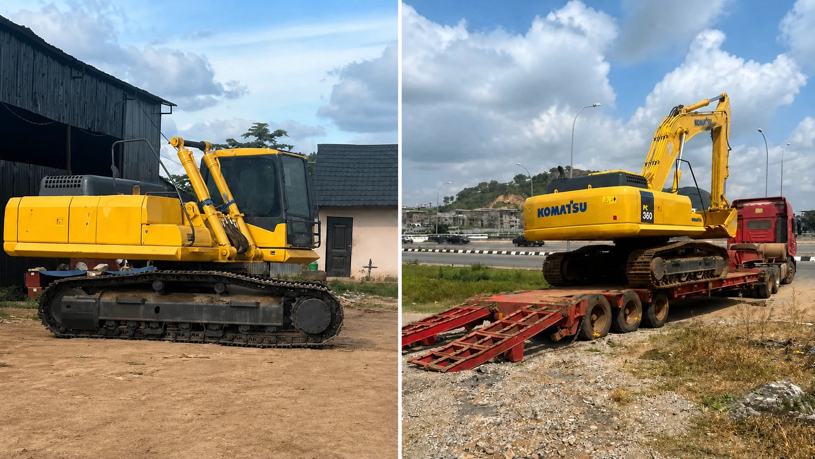 Two yellow tracked excavators photographed at the plant yard and during equipment mobilisation